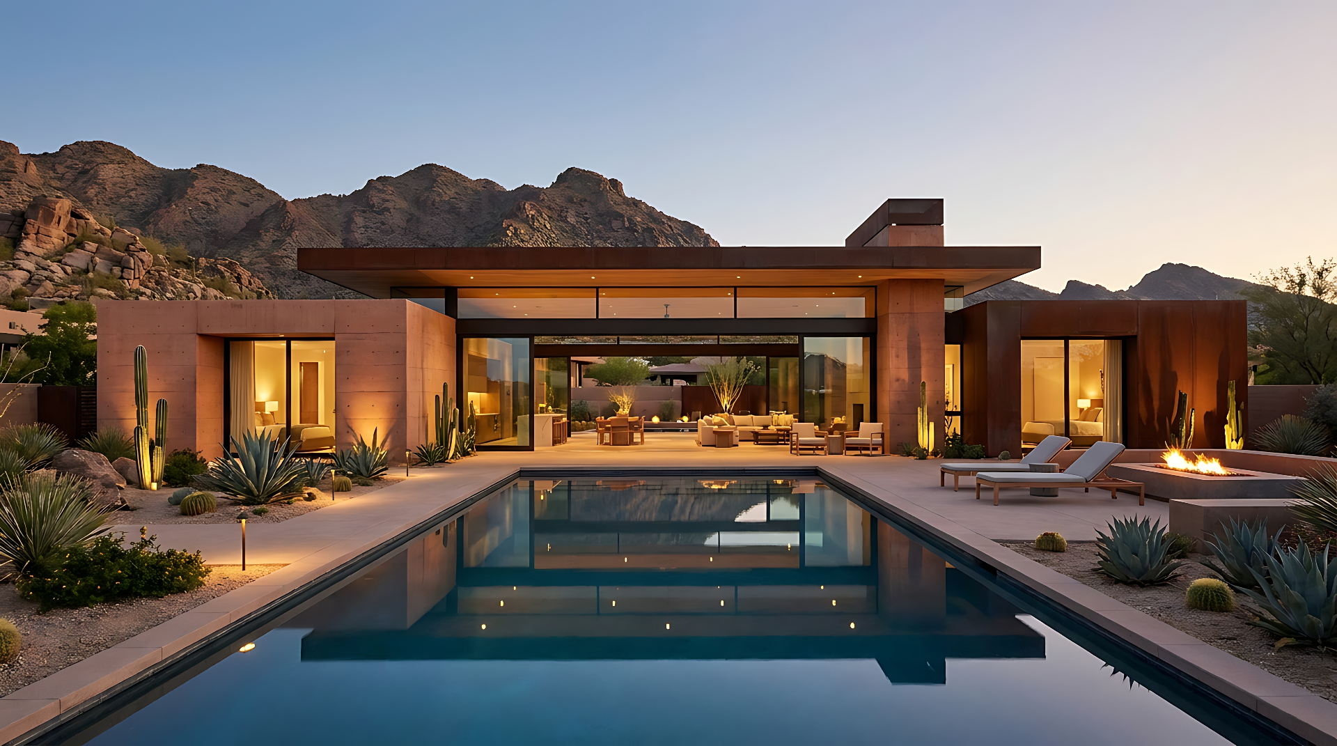 Architectural detail of a modern luxury home interior at twilight